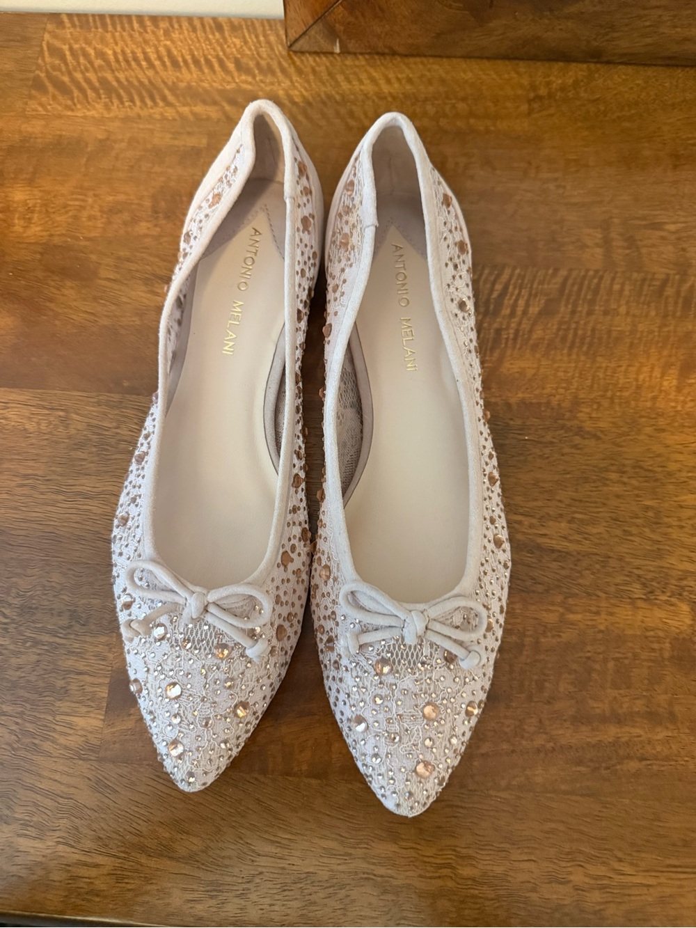 ANTONIO MELANI Cream Embellished Pointed Toe Ballet Flats